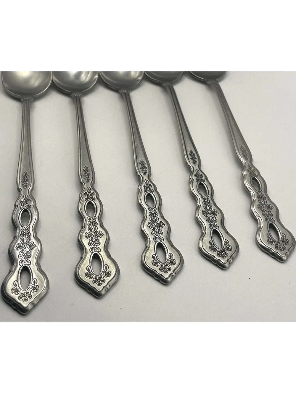 5- Oneida Community FANTASY Burnished Stainless Pierced Iced Tea spoon ~ 7 5/8”